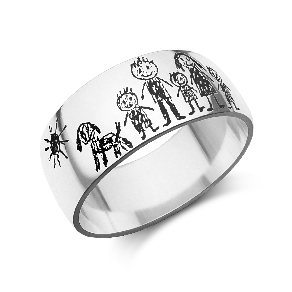 Zilveren ring met kindertekening gravure