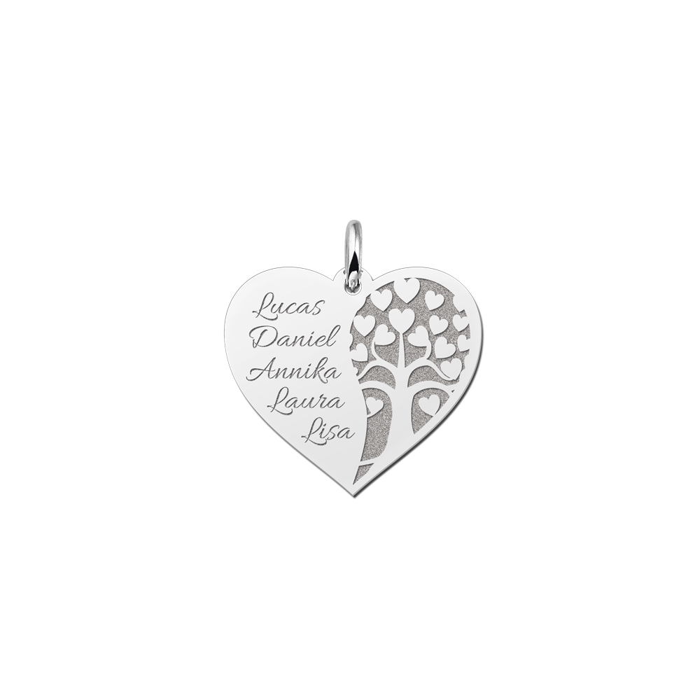 Zilveren hart hanger met levensboom en gegraveerde namen