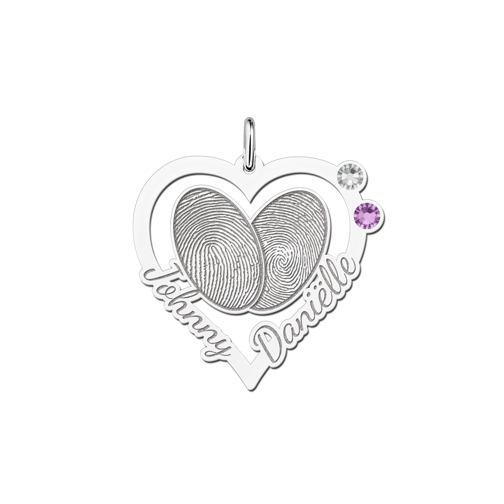 Zilveren hart hanger met twee vingerafdrukken, namen en geboortestenen