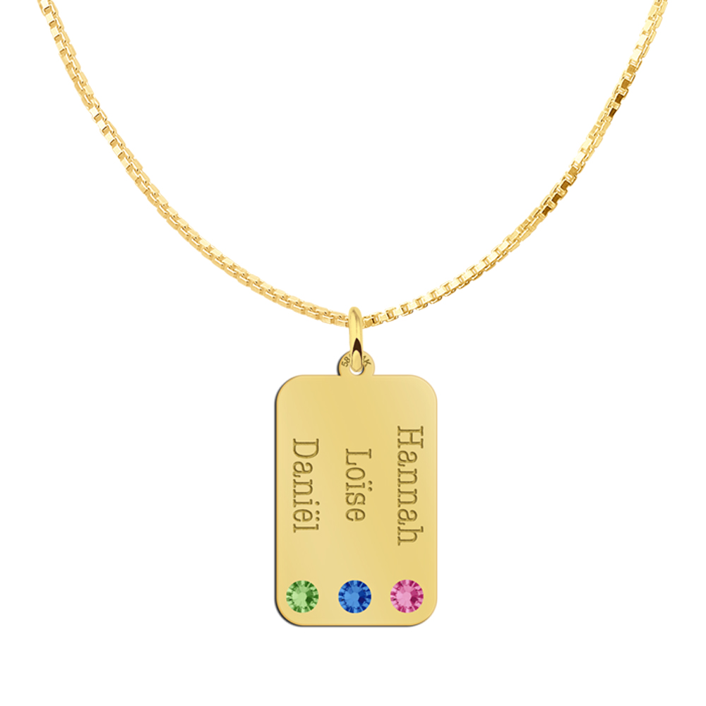 Gouden rechthoekige hanger met drie namen en geboortestenen
